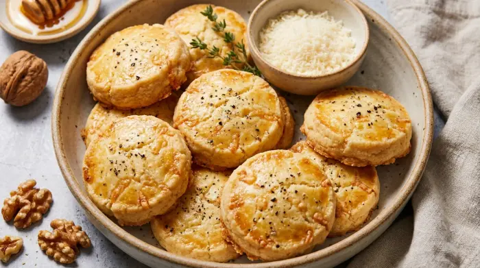 Close up of buttery parmesan shortbread cookies stacked on a table.
