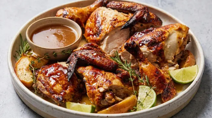A festive whole roasted duck garnished with pomegranate seeds on a serving platter.