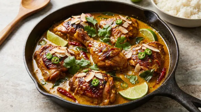 Finished creamy chicken curry served over rice in a bowl.