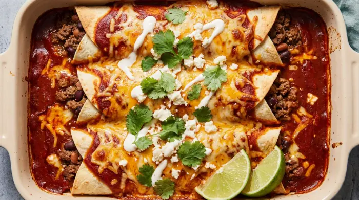 A baking dish full of beef enchiladas smothered in red sauce and melted cheese.