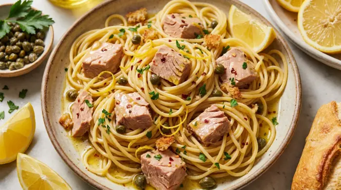 A bowl of glossy spaghetti tossed with chunks of tuna, capers, and fresh parsley.