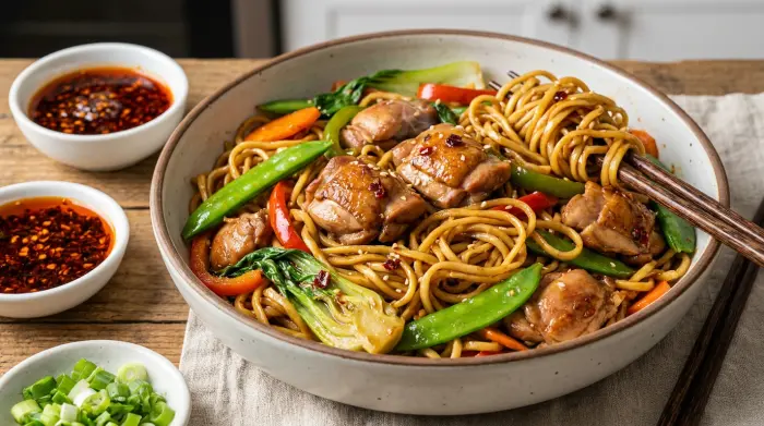 Plated Chow Mein garnished with fresh scallions.