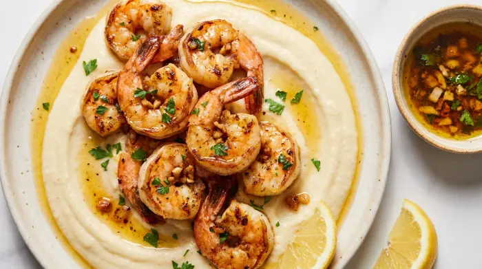 Close-up of garlic prawns drizzled with browned butter on a bed of cauliflower puree.