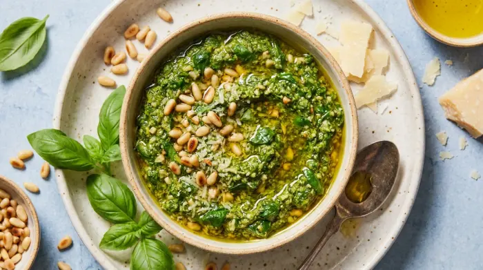 A bowl of freshly made basil pesto.