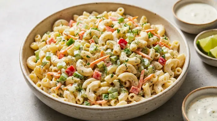 A close up view of a creamy macaroni salad mixed with diced red peppers, celery, and shredded carrots.