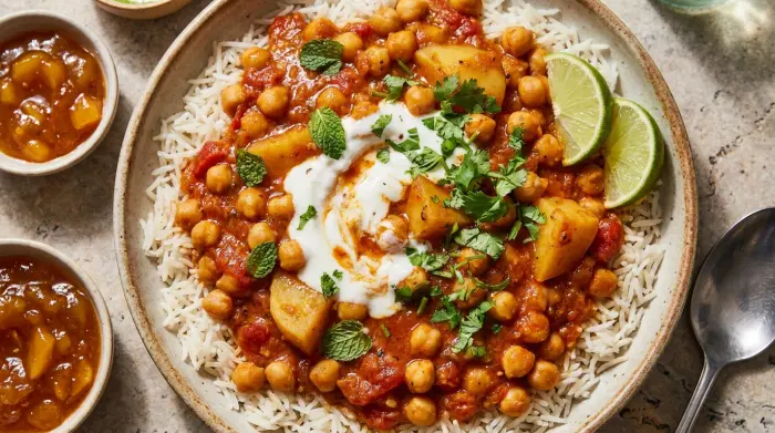 A warm bowl of chickpea and potato curry topped with fresh herbs