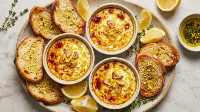 Golden brown baked ricotta in small dishes ready to be served.