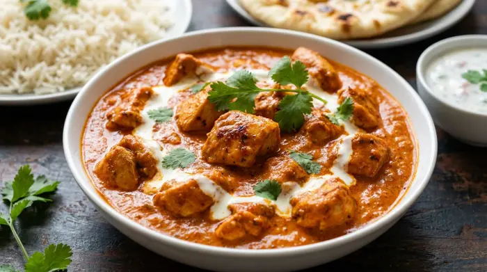Close-up of rich, vibrant orange butter chicken.
